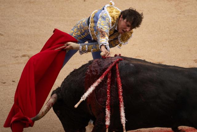 EDITORS NOTE: Graphic content / Peruvian bullfighter Roca Rey kills the bull with the "estoque" (sword) during a bullfight at the San Fermin festival in Pamplona, northern Spain, on July 9, 2026. (Photo by JORGE GUERRERO / AFP)