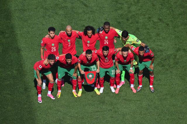 (Top L/R) Morocco's defender #26 Anass Salah-Eddine, Morocco's defender #03 Noussair Mazraoui, Morocco's midfielder #06 Ayyoub Bouaddi, Morocco's defender #14 Issa Diop, Morocco's goalkeeper #01 Yassine Bounou (bottom L/R) Morocco's midfielder #24 Neil El Aynaoui, Morocco's defender #02 Achraf Hakimi, Morocco's midfielder #23 Bilal El Khannouss, Morocco's forward #10 Brahim Diaz, Morocco's forward #07 Chemsdine Talbi and Morocco's midfielder #08 Azzedine Ounahi pose ahead of the 2026 World Cup football tournament quarter-final match between France and Morocco at Boston Stadium in Foxborough on July 9, 2026. (Photo by ANGELA WEISS / AFP)