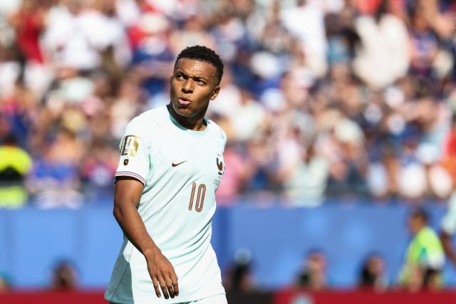 France's forward #10 Kylian Mbappe reacts to a missed penalty kick during the 2026 World Cup football tournament quarter-final match between France and Morocco at Boston Stadium in Foxborough on July 9, 2026.  (Photo by FRANCK FIFE / AFP)