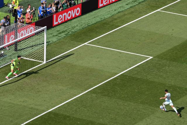 France's forward #10 Kylian Mbappe shoots from the penalty spot but fails to score during the 2026 World Cup football tournament quarter-final match between France and Morocco at Boston Stadium in Foxborough on July 9, 2026.  (Photo by ANGELA WEISS / AFP)