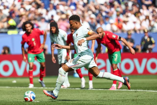 France's forward #10 Kylian Mbappe shoots and misses a penalty during the 2026 World Cup football tournament quarter-final match between France and Morocco at Boston Stadium in Foxborough on July 9, 2026.  (Photo by FRANCK FIFE / AFP)