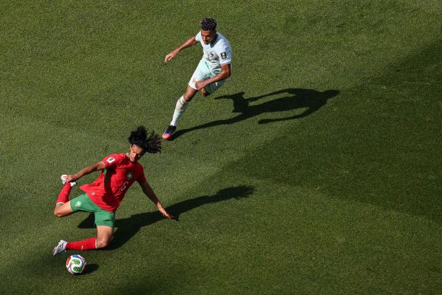 Morocco's midfielder #06 Ayyoub Bouaddi kicks the ball during the 2026 World Cup football tournament quarter-final match between France and Morocco at Boston Stadium in Foxborough on July 9, 2026.  (Photo by ANGELA WEISS / AFP)