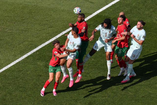 Morocco's defender #14 Issa Diop heads the ball during the 2026 World Cup football tournament quarter-final match between France and Morocco at Boston Stadium in Foxborough on July 9, 2026. (Photo by ANGELA WEISS / AFP)