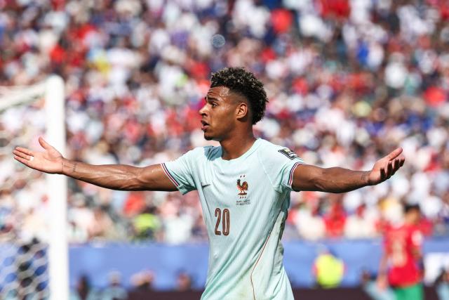 France's forward #20 Desire Doue reacts during the 2026 World Cup football tournament quarter-final match between France and Morocco at Boston Stadium in Foxborough on July 9, 2026.  (Photo by FRANCK FIFE / AFP)