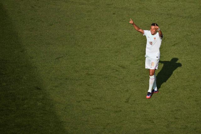 France's forward #10 Kylian Mbappe celebrates scoring his team's first goal during the 2026 World Cup football tournament quarter-final match between France and Morocco at Boston Stadium in Foxborough on July 9, 2026.  (Photo by ANGELA WEISS / AFP)