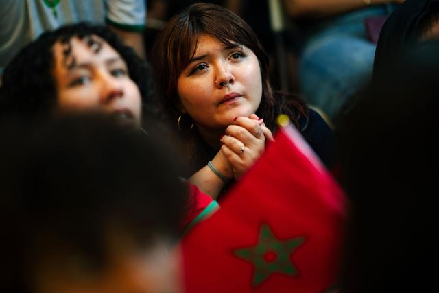 Morocco fans react during the last minutes of the World Cup quarter-final match between France and Morocco at a watch party in the Little Morocco area in the Queens borough of New York City on July 9, 2026. (Photo by Angelina Katsanis / AFP)