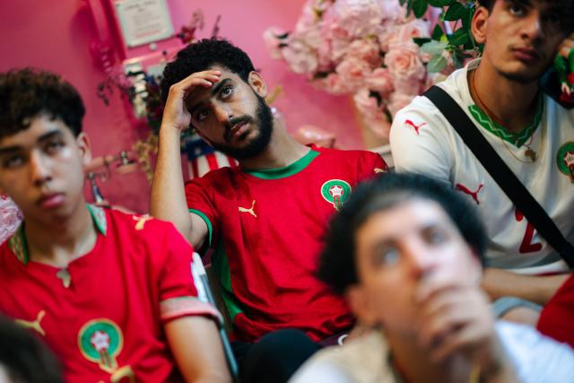 Morocco fans react during the last minutes of the World Cup quarter-final match between France and Morocco at a watch party in the Little Morocco area in the Queens borough of New York City on July 9, 2026. (Photo by Angelina Katsanis / AFP)