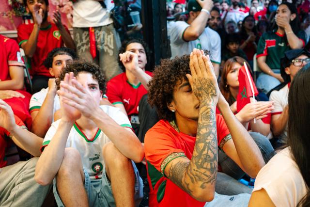 Morocco fans react during the last minutes of the World Cup quarter-final match between France and Morocco at a watch party in the Little Morocco area in the Queens borough of New York City on July 9, 2026. (Photo by Angelina Katsanis / AFP)