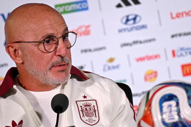 Spain's head coach Luis de la Fuente gives an MD-1 press conference at Los Angeles Stadium in Inglewood on July 9, 2026, on the eve of the 2026 World Cup football tournament quarter-final match between Spain and Belgium. (Photo by Paul ELLIS / AFP)