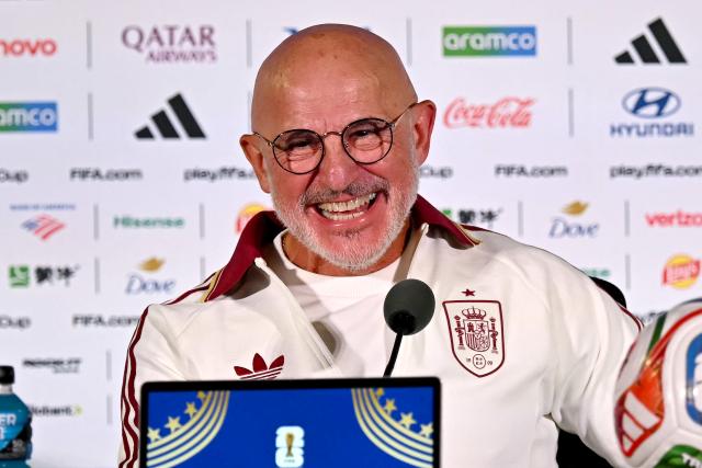 Spain's head coach Luis de la Fuente smiles as he gives an MD-1 press conference at Los Angeles Stadium in Inglewood on July 9, 2026, on the eve of the 2026 World Cup football tournament quarter-final match between Spain and Belgium. (Photo by Paul ELLIS / AFP)