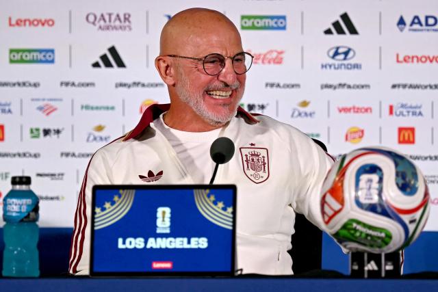 Spain's head coach Luis de la Fuente smiles as he gives an MD-1 press conference at Los Angeles Stadium in Inglewood on July 9, 2026, on the eve of the 2026 World Cup football tournament quarter-final match between Spain and Belgium. (Photo by Paul ELLIS / AFP)