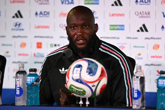 Belgium's forward #09 Romelu Lukaku gives a press conference at Los Angeles Stadium in Los Angeles on July 9, 2026, on the eve of the 2026 World Cup football tournament quarter-final match between Spain and Belgium. (Photo by Paul ELLIS / AFP)