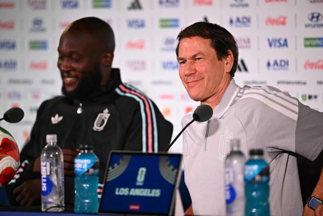 Belgium's forward #09 Romelu Lukaku and Belgium's French head coach Rudi Garcia give a press conference at Los Angeles Stadium in Los Angeles on July 9, 2026, on the eve of the 2026 World Cup football tournament quarter-final match between Spain and Belgium. (Photo by Paul ELLIS / AFP)
