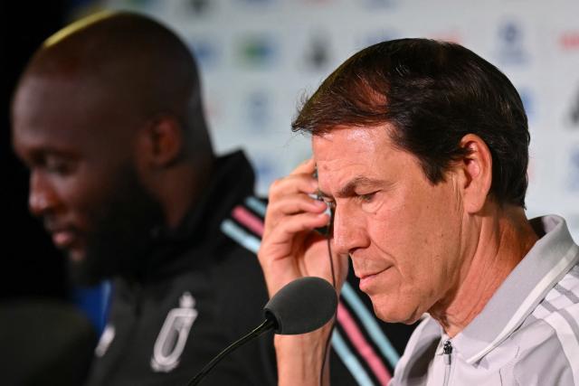 Belgium's forward #09 Romelu Lukaku and Belgium's French head coach Rudi Garcia give a press conference at Los Angeles Stadium in Los Angeles on July 9, 2026, on the eve of the 2026 World Cup football tournament quarter-final match between Spain and Belgium. (Photo by Paul ELLIS / AFP)