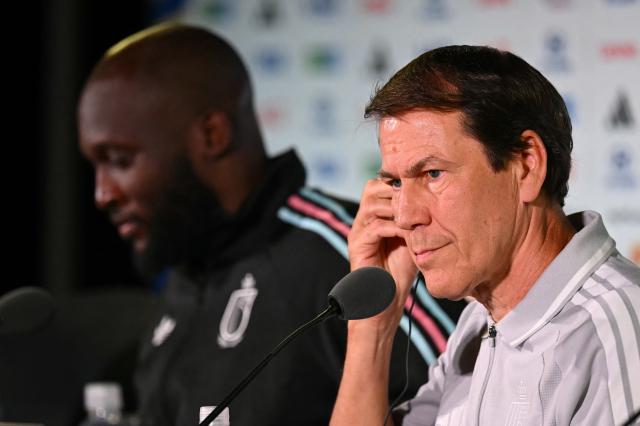 Belgium's forward #09 Romelu Lukaku and Belgium's French head coach Rudi Garcia give a press conference at Los Angeles Stadium in Los Angeles on July 9, 2026, on the eve of the 2026 World Cup football tournament quarter-final match between Spain and Belgium. (Photo by Paul ELLIS / AFP)