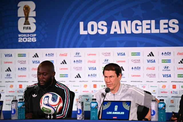 Belgium's forward #09 Romelu Lukaku and Belgium's French head coach Rudi Garcia give a press conference at Los Angeles Stadium in Los Angeles on July 9, 2026, on the eve of the 2026 World Cup football tournament quarter-final match between Spain and Belgium. (Photo by Paul ELLIS / AFP)