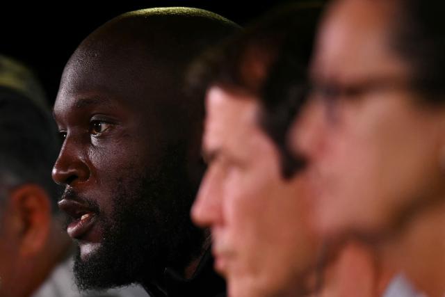Belgium's forward #09 Romelu Lukaku gives a press conference at Los Angeles Stadium in Los Angeles on July 9, 2026, on the eve of the 2026 World Cup football tournament quarter-final match between Spain and Belgium. (Photo by Paul ELLIS / AFP)