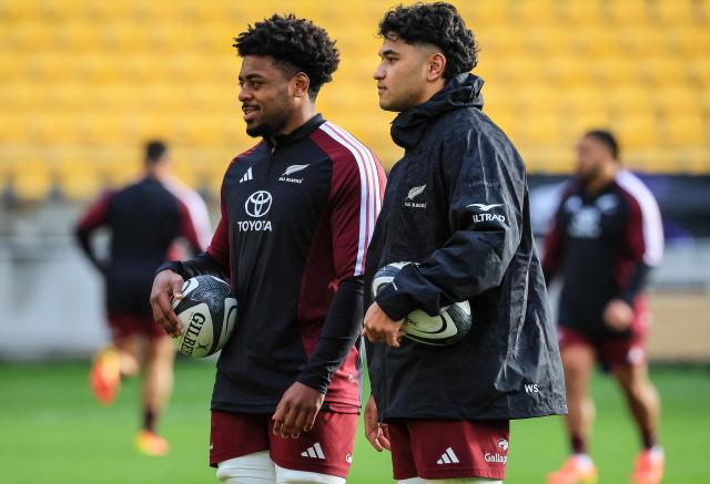 New Zealand's Peter Lakai (L) and New Zealand's Wallace Sititi (R) attend the captain's run training session in Wellington on July 10, 2026, ahead of the rugby Nations Championship match against Italy. (Photo by Grant Down / AFP)