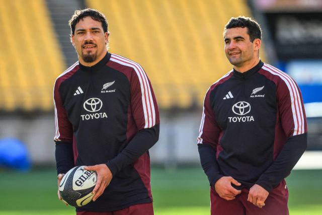 New Zealand's Billy Proctor (L) and New Zealand's Josh Moorby (R) attend the captain's run training session in Wellington on July 10, 2026, ahead of the rugby Nations Championship match against Italy. (Photo by Grant Down / AFP)