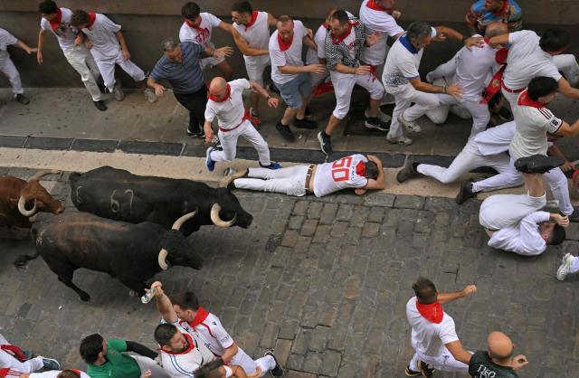 Participants run ahead of bulls during the fourth running of the bulls of the San Fermin festival in Pamplona, northern Spain, on July 10, 2026. Thousands of people every year attend the week-long festival and its famous 'encierros', or running of the bulls, in which six bulls are released at 8:00 a.m. evey day to run from their corral to the bullring through the narrow streets of the old town over an 850 meters (yards) course while runners ahead of them try to stay close to the bulls without falling over or being gored. (Photo by JORGE GUERRERO / AFP)