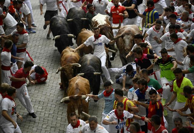 Participants run ahead of bulls during the fourth running of the bulls of the San Fermin festival in Pamplona, northern Spain, on July 10, 2026. Thousands of people every year attend the week-long festival and its famous 'encierros', or running of the bulls, in which six bulls are released at 8:00 a.m. evey day to run from their corral to the bullring through the narrow streets of the old town over an 850 meters (yards) course while runners ahead of them try to stay close to the bulls without falling over or being gored. (Photo by ANDER GILLENEA / AFP)