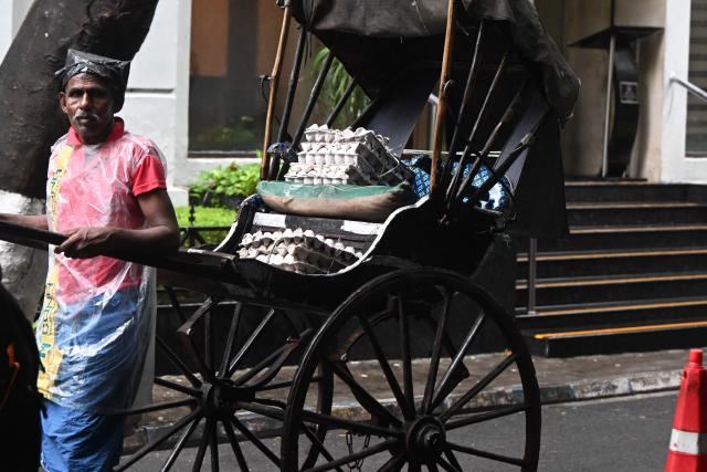 A rickshaw puller delivers eggs to the roadside eateries in Kolkata on July 10, 2026. (Photo by Dibyangshu SARKAR / AFP)
