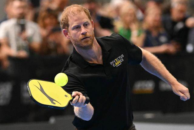 Britain's Prince Harry, Duke of Sussex, takes part in a pickleball match during an event to mark the 'Invictus Games Birmingham 2027: One Year To Go', at the NEC in Birmingham, central England on July 10, 2026. (Photo by Oli SCARFF / AFP)