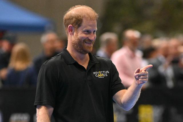 Britain's Prince Harry, Duke of Sussex, reacts as he takes part in a match of pickleball during an event to mark the 'Invictus Games Birmingham 2027: One Year To Go', at the NEC in Birmingham, central England on July 10, 2026. (Photo by Oli SCARFF / AFP)