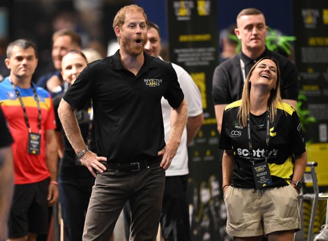 Britain's Prince Harry, Duke of Sussex, reacts as he watches a display of pickleball during an event to mark the 'Invictus Games Birmingham 2027: One Year To Go', at the NEC in Birmingham, central England on July 10, 2026. (Photo by Oli SCARFF / AFP)