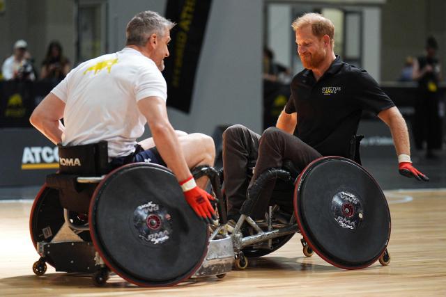 Britain's Prince Harry, Duke of Sussex, takes part in a session of wheelchair rugby during an event to mark the 'Invictus Games Birmingham 2027: One Year To Go', at the NEC in Birmingham, central England on July 10, 2026. (Photo by Aaron Chown / POOL / AFP)