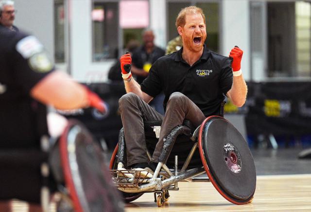 Britain's Prince Harry, Duke of Sussex, takes part in a session of wheelchair rugby during an event to mark the 'Invictus Games Birmingham 2027: One Year To Go', at the NEC in Birmingham, central England on July 10, 2026. (Photo by Aaron Chown / POOL / AFP)