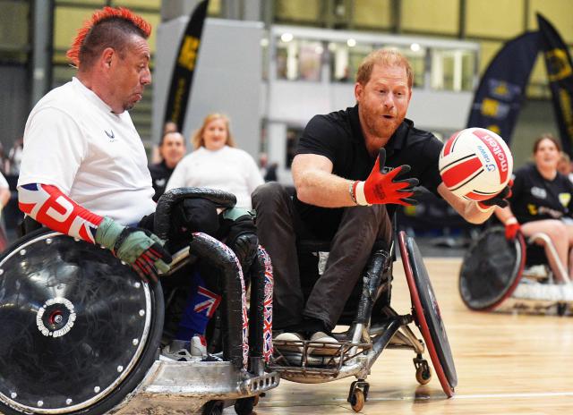 Britain's Prince Harry, Duke of Sussex, takes part in a session of wheelchair rugby during an event to mark the 'Invictus Games Birmingham 2027: One Year To Go', at the NEC in Birmingham, central England on July 10, 2026. (Photo by Aaron Chown / POOL / AFP)