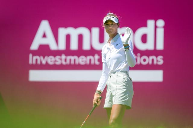US Nelly Korda gestures in the second round of the Amundi Evian Championship at Evian Resort Golf Club, in Evian-Les-Bains, center eastern France on July 9, 2026. (Photo by OLIVIER CHASSIGNOLE / AFP)