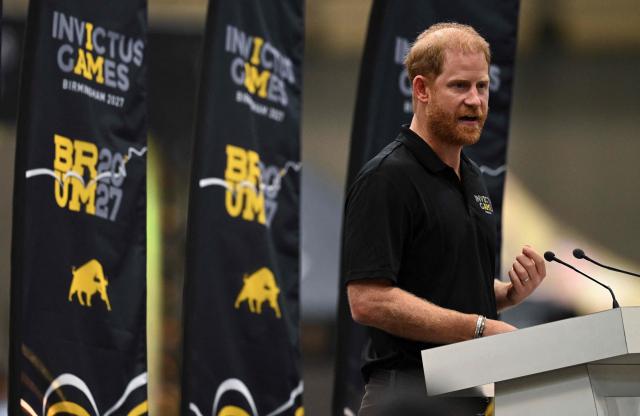 Britain's Prince Harry, Duke of Sussex, speaks during an event to mark the 'Invictus Games Birmingham 2027: One Year To Go', at the NEC in Birmingham, central England on July 10, 2026. (Photo by Oli SCARFF / AFP)