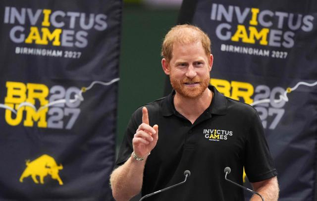 Britain's Prince Harry, Duke of Sussex, gestures as he speaks during an event to mark the 'Invictus Games Birmingham 2027: One Year To Go', at the NEC in Birmingham, central England on July 10, 2026. (Photo by Aaron Chown / POOL / AFP)