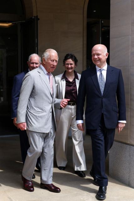 Britain's King Charles III walks with Oxford University Chancellor William Hague (R) and Blackstone CEO Stephen A. Schwarzman (L), as he visits the Stephen A. Schwarzman Centre for the Humanities at the University of Oxford, west of London on July 10, 2026. (Photo by Toby Shepheard / POOL / AFP)