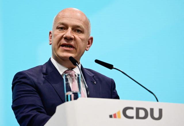 (FILES) Berlin's Mayor and member Christian Democratic Union (CDU) Kai Wegner speaks on stage on the first day of the party congress of the CDU at the Estrel Berlin Hotel in Berlin, on May 6, 2024. Embattled Berlin mayor Kai Wegner said in a press conference on July 10, 2026 that he abandoned his re-election bid just weeks before the regional elections in the German capital to take place in September 2026. (Photo by Tobias SCHWARZ / AFP)