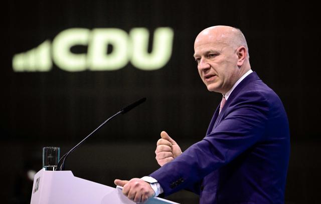 (FILES) Berlin's Mayor and member Christian Democratic Union (CDU) Kai Wegner speaks on stage on the first day of the party congress of the CDU at the Estrel Berlin Hotel in Berlin, on May 6, 2024. Embattled Berlin mayor Kai Wegner said in a press conference on July 10, 2026 that he abandoned his re-election bid just weeks before the regional elections in the German capital to take place in September 2026. (Photo by Tobias SCHWARZ / AFP)