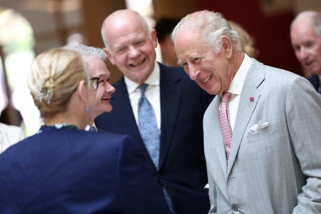 Britain's King Charles III meets university staff and community groups during a visit to the Stephen A. Schwarzman Centre for the Humanities at the University of Oxford, west of London on July 10, 2026. (Photo by Toby Shepheard / POOL / AFP)