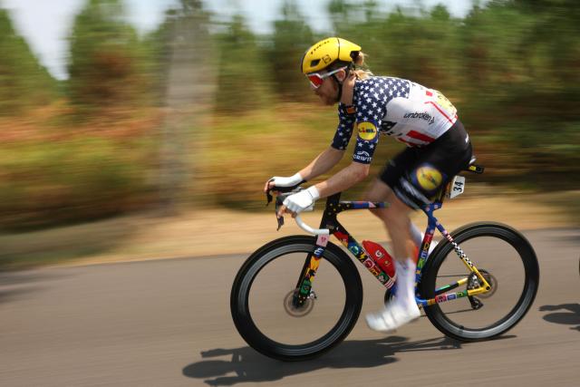 Lidl - Trek team's US rider Quinn Simmons cycles during the 7th stage of the 113th edition of the Tour de France cycling race, 175,1 km between Hagetmau and Bordeaux in southwestern France, on July 10, 2026. (Photo by Anne-Christine POUJOULAT / AFP)