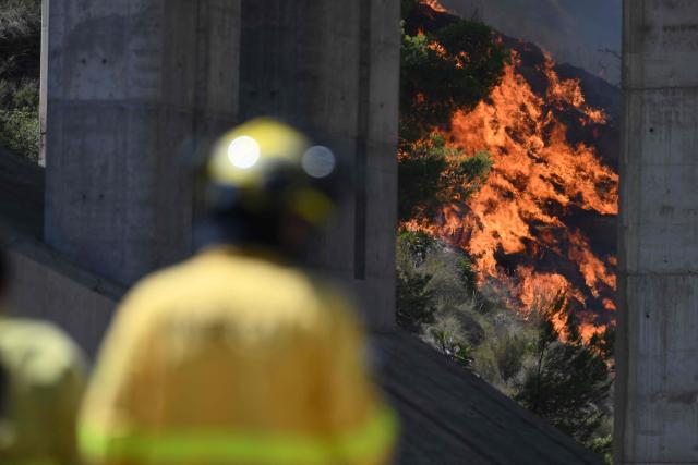 Firefighters of the Infoca (Andalusia Wildfire Service) monitor a fire in the area of a wildfire that killed 11 near Bedar, in Los Gallardos district, in Almeria Province, on July 10, 2026. Eleven people were killed and 19 are missing after a wildfire tore through a Spanish village, with four victims who may have been British who were burned in their car, authorities said. (Photo by JOSE JORDAN / AFP)