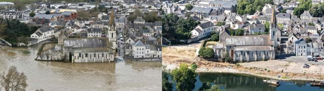 (COMBO) This combination of pictures created on July 10, 2026 shows (L) an aerial view of the flooding in Chalonnes-sur-Loire, western France, on February 17, 2026 and (R) an aerial view of partially dried out areas of the River Loire in Chalonnes-sur-Loire, western France, on July 10, 2026. Western Europe this year experienced its hottest June on record as a searing heatwave swept across a continent facing increasingly frequent and intense heat extremes, the EU's climate monitor said July 9, 2026. Scientists say human-induced climate change is making extreme weather events like heatwaves, droughts and floods more intense, resulting in temperature records being broken more frequently. (Photo by Damien MEYER / AFP)