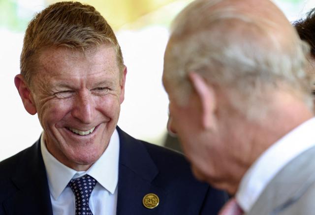 Britain's King Charles III meets retired British European Space Agency (ESA) astronaut Tim Peake, a partner in the UK Space and Defence Gateway, at Harwell Campus, during a visit to Oxford, west of London on July 10, 2026. (Photo by Toby Shepheard / POOL / AFP)