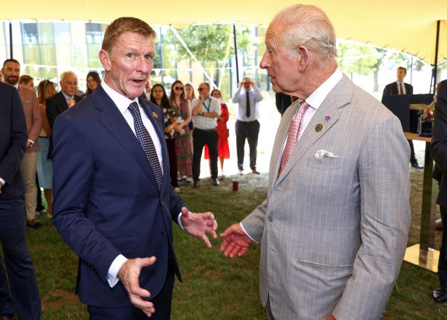 Britain's King Charles III meets retired British European Space Agency (ESA) astronaut Tim Peake, a partner in the UK Space and Defence Gateway, at Harwell Campus, during a visit to Oxford, west of London on July 10, 2026. (Photo by Toby Shepheard / POOL / AFP)