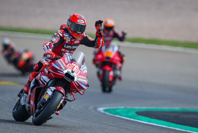 Team Ducati Lenovo Team's Marc Marquez waves after placing first in a practice session at the Sachsenring race track in Hohenstein-Ernstthal, Germany, on July 10, 2026, ahead of the German Motorcycle MotoGP Grand Prix. (Photo by Ronny HARTMANN / AFP)