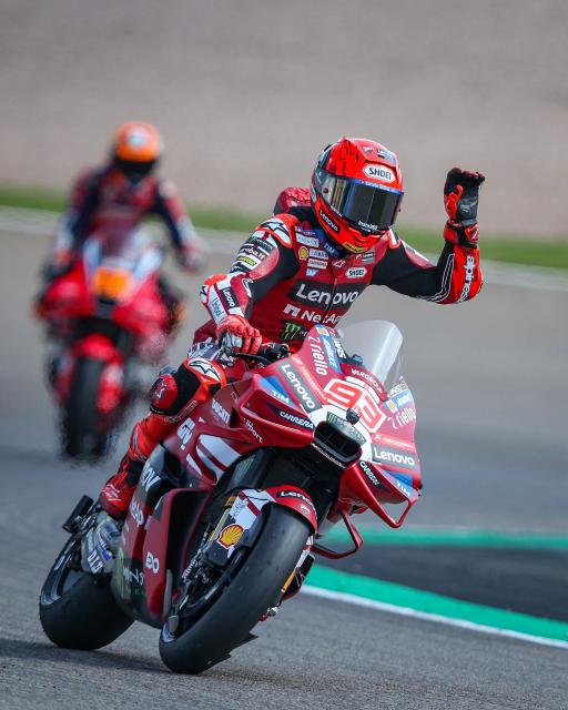 Team Ducati Lenovo Team's Marc Marquez waves after placing first in a practice session at the Sachsenring race track in Hohenstein-Ernstthal, Germany, on July 10, 2026, ahead of the German Motorcycle MotoGP Grand Prix. (Photo by Ronny HARTMANN / AFP)