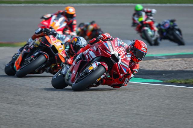Team Ducati Lenovo Team's Marc Marquez steers his motorbike during a practice session at the Sachsenring race track in Hohenstein-Ernstthal, Germany, on July 10, 2026, ahead of the German Motorcycle MotoGP Grand Prix. (Photo by Ronny HARTMANN / AFP)