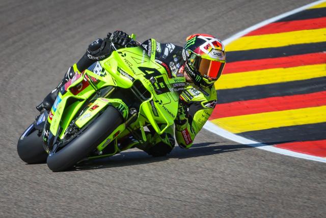 Team Pertamina Enduro VR46 Racing Team's Fabio Di Giannantonio steers his motorbike during a practice session at the Sachsenring race track in Hohenstein-Ernstthal, Germany, on July 10, 2026, ahead of the German Motorcycle MotoGP Grand Prix. (Photo by Ronny HARTMANN / AFP)
