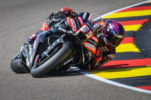 Team Aprilia Racing's Jorge Martin steers his motorbike during a practice session at the Sachsenring race track in Hohenstein-Ernstthal, Germany, on July 10, 2026, ahead of the German Motorcycle MotoGP Grand Prix. (Photo by Ronny HARTMANN / AFP)