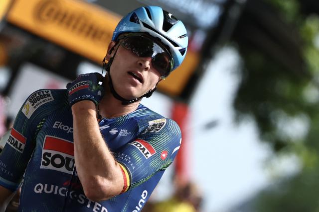 Soudal Quick-Step team's Belgian rider Tim Merlier cycles to the finish line to win the 7th stage of the 113th edition of the Tour de France cycling race, 175 km between Hagetmau and Bordeaux in southwestern France, on July 10, 2026. (Photo by Anne-Christine POUJOULAT / AFP)